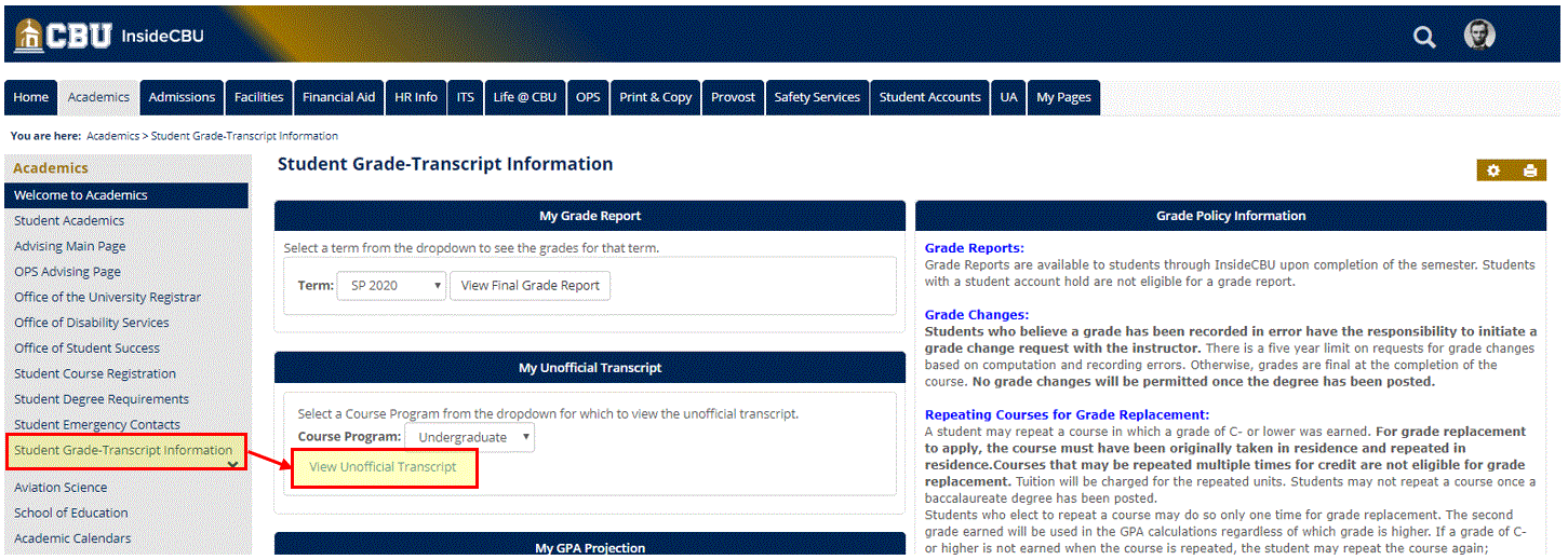 Navigation to Student Grade Transcript Information
