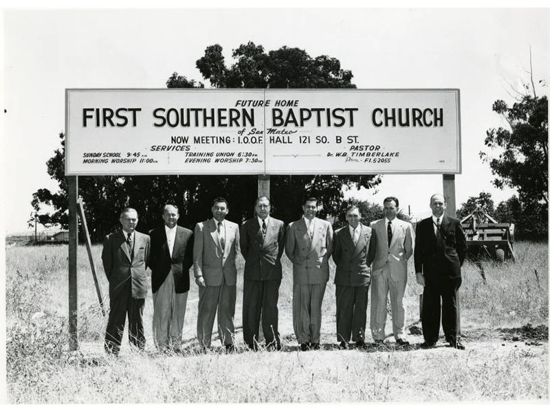 Church leaders standing in front of sign announcing future development, First Southern Baptist Church of San Mateo, 1952. Southern Baptist Depository and Archive, California Baptist University.