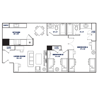 2-bed, 2-bath (New Eco) floor plan thumbnail