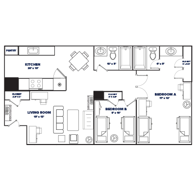 2-bed, 2-bath (Old Eco) floor plan thumbnail