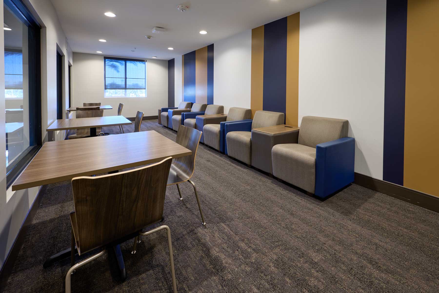 Study area with coaches and tables set up. blue and gold painted walls