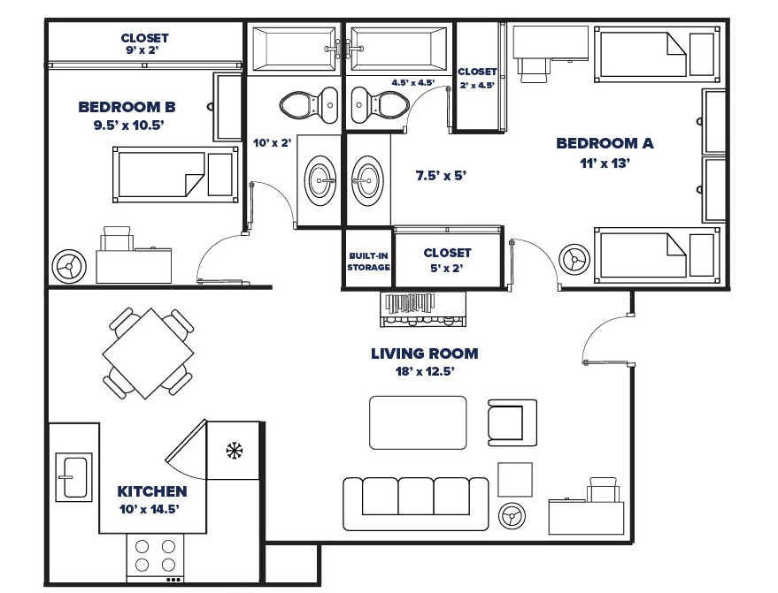2 Bed, 2 Bath (downstairs) floorplan thumbnail