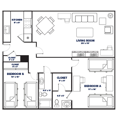 2 bed, 1.5 bath floor plan thumbnail