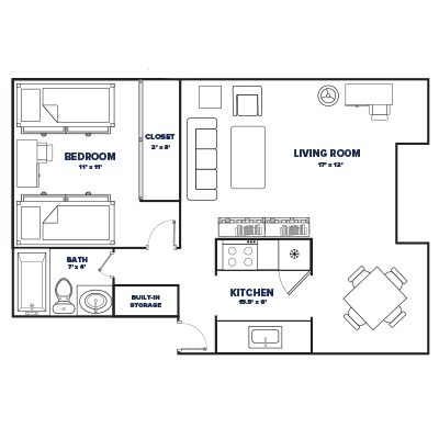 1 bed, 1 bath floor plan thumbnail