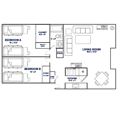 2 bed, 1 bath floor plan thumbnail