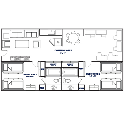 2 bed, 2 bath suite floor plan thumbnail