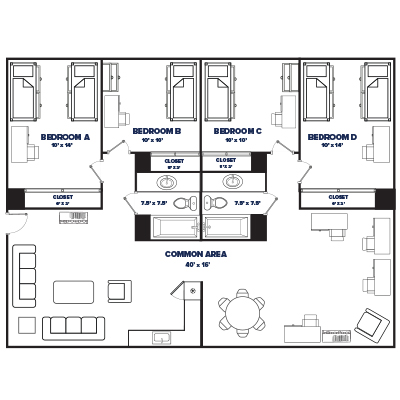 4 bed, 2 bath floor plan thumbnail