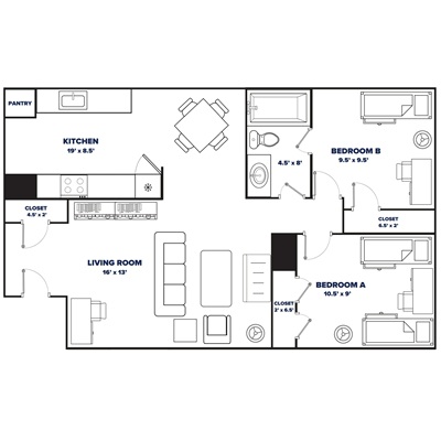 2-bed, 1-bath (Old Eco) floor plan thumbnail