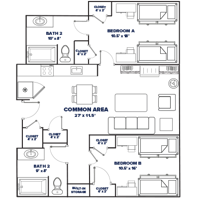 2 bedroom 2 bathroom suite floor plan thumbnail