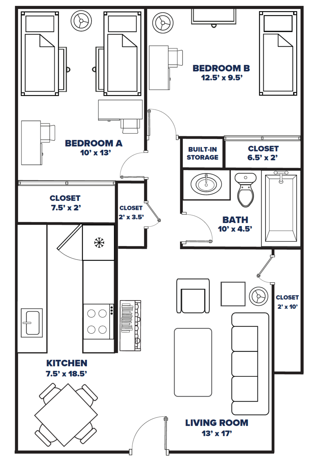 2 bedroom 1 bathroom floor plan thumbnail