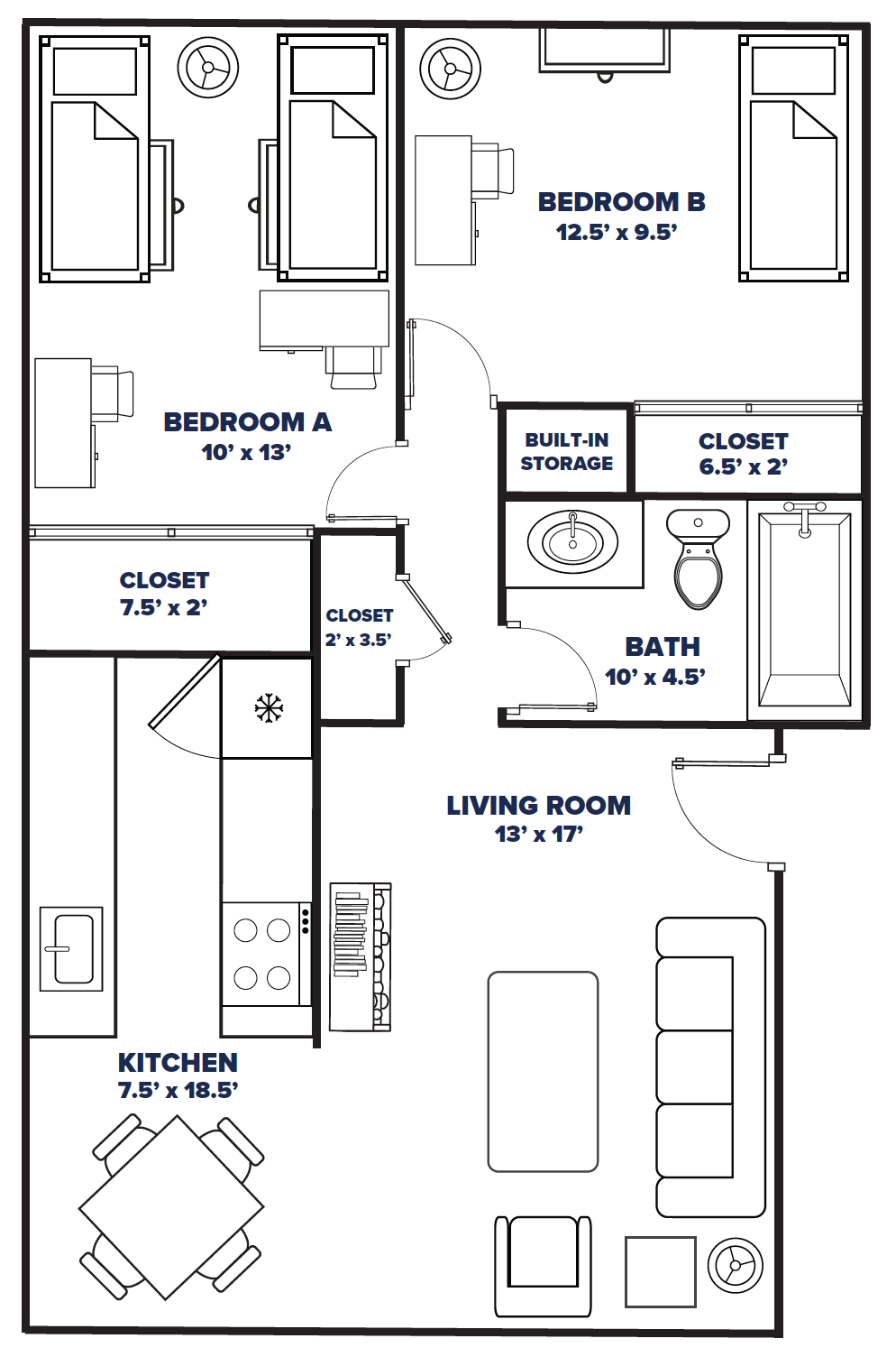 2 bedroom 1 bathroom floor plan thumbnail