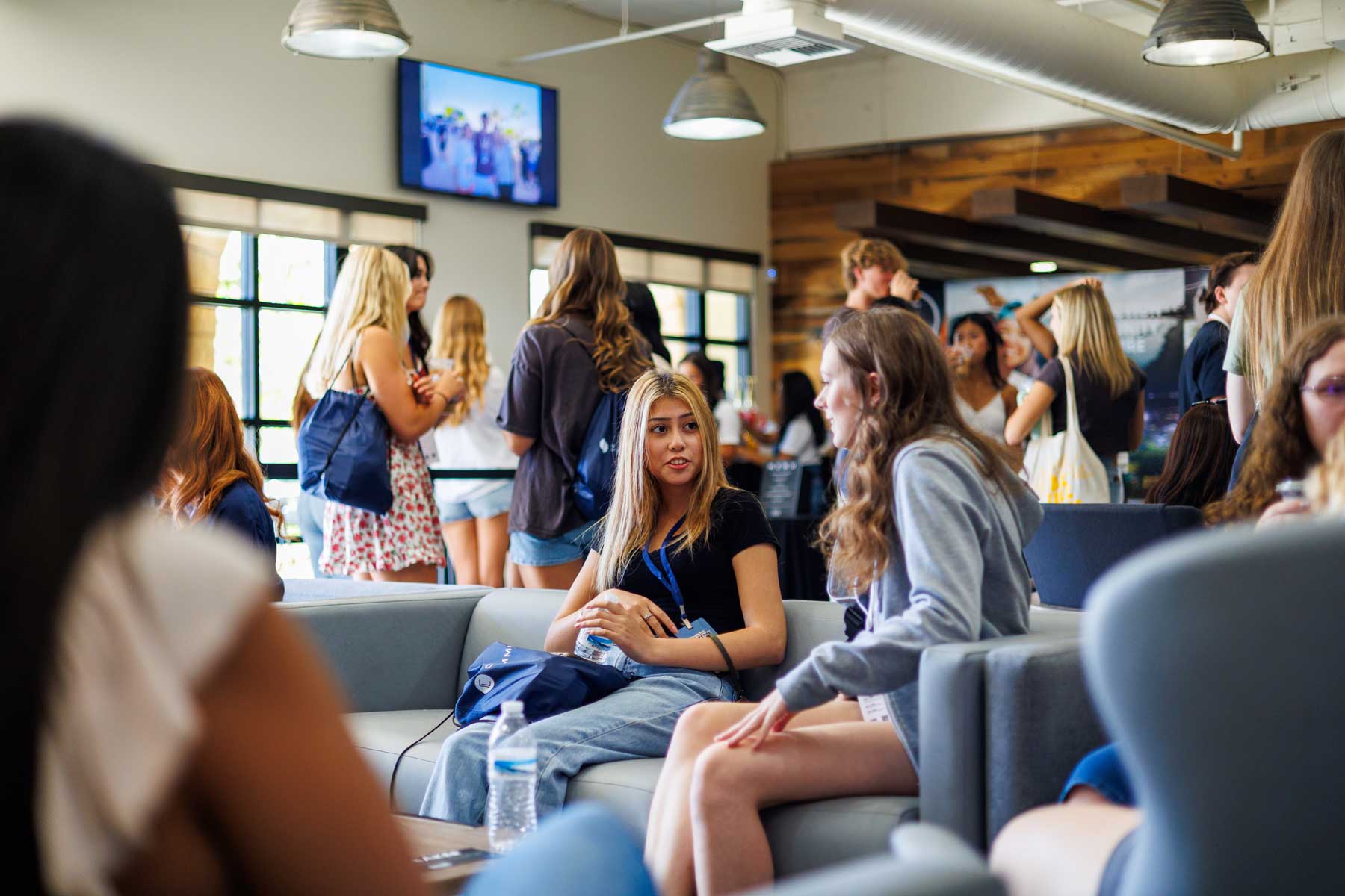 Students talking in a lounge